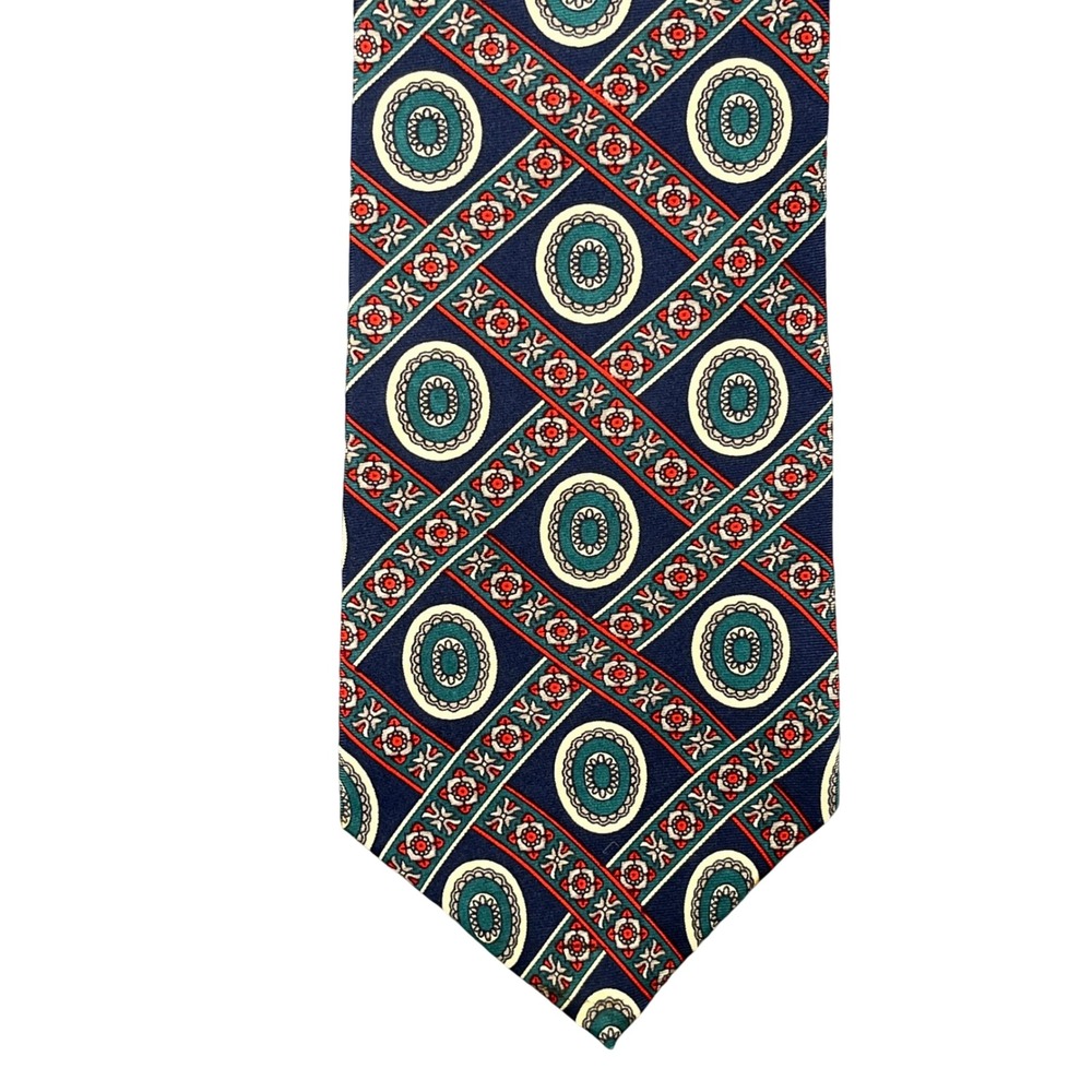 Oscar de la Renta Silk Necktie Navy Teal Medallion Geometric Mens
